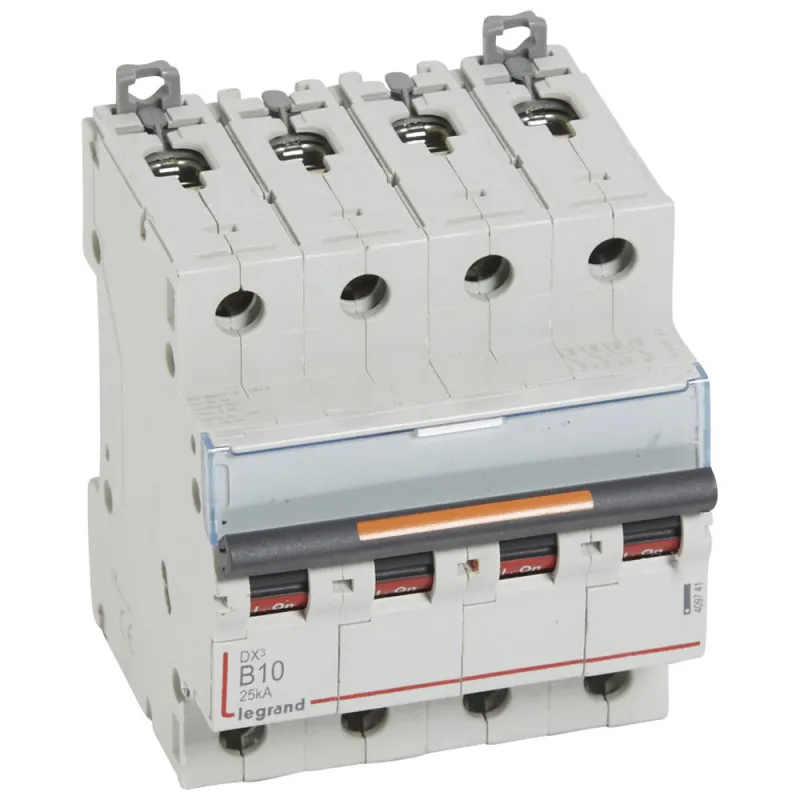 Disjoncteur DX 25kA arrivée haute et départ bas à vis 4P 400V~ 10A courbe B 4 modules (409741)