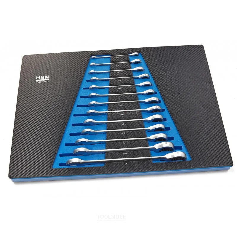 HBM Jeu de clés à anneau, à cliquet et à fourche de 13 pièces dans un insert en mousse de carbone pour chariot à outils